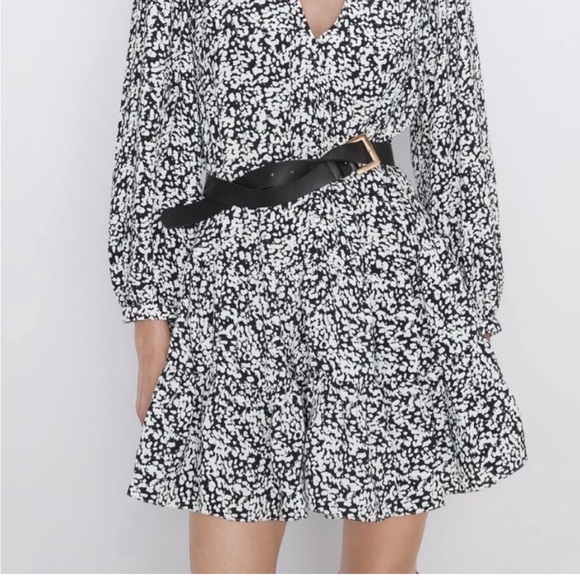 Zara Printed Mini Swing Dress 3/4-sleeve Tiered V-neck Size S - Picture 3 of 10